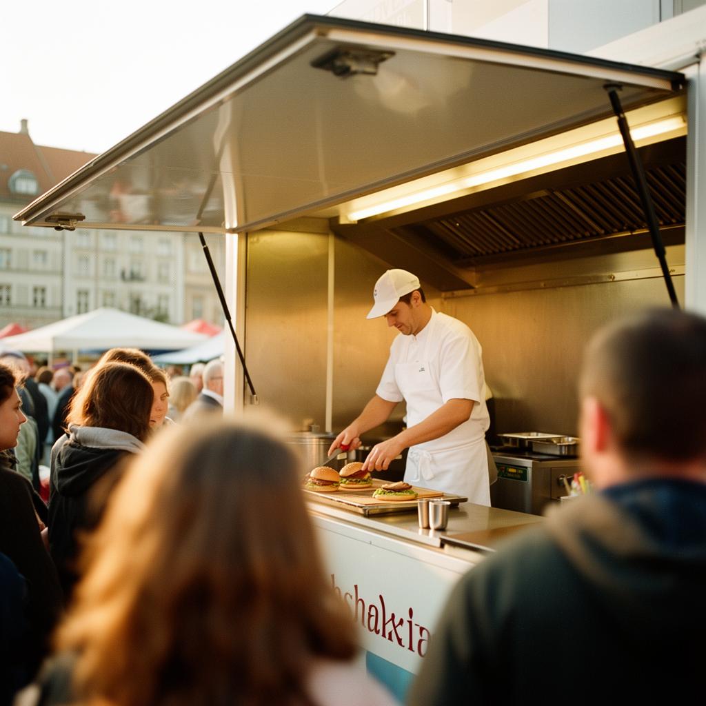 Foodtruck-Mitarbeiter bereitet Streetfood in der engen mobilen Küche zu