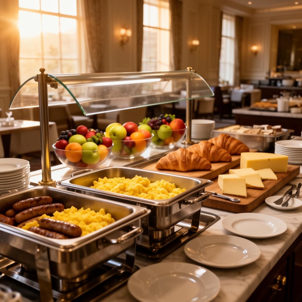 Frühstücksbuffet im Hotel mit gekühlten und warmgehaltenen Speisen